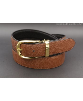 Reversible belt 30mm with golden horseback-style buckle - Brown side