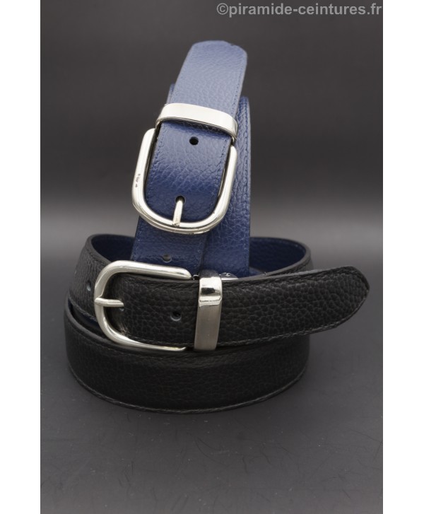 Reversible belt 30mm with nickel horseback-style buckle - Black and Blue