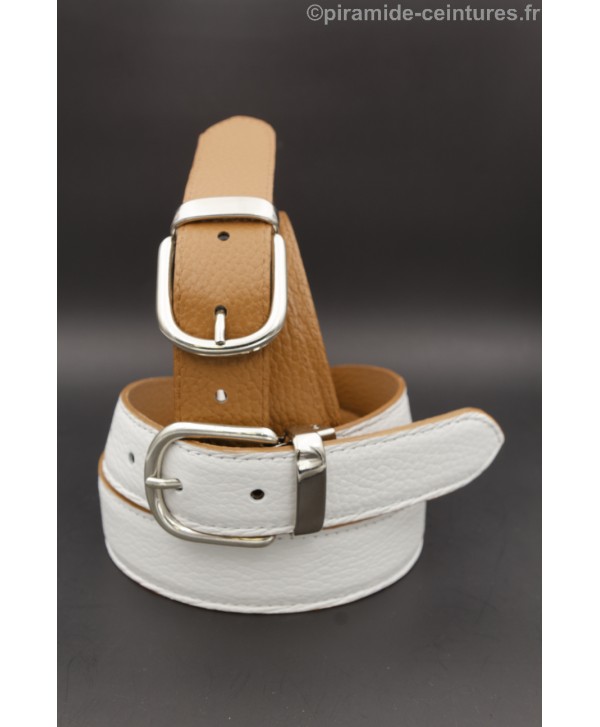 Reversible belt 30mm with nickel horseback-style buckle - White and Camel