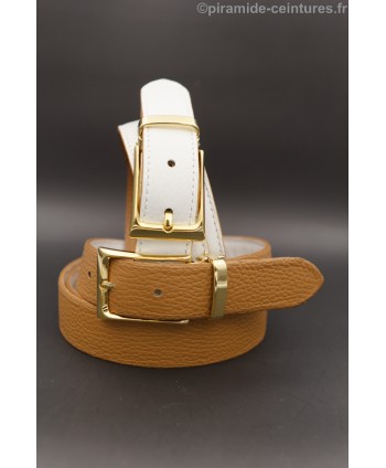 Reversible belt 30mm with golden rectangular buckle - Camel and White