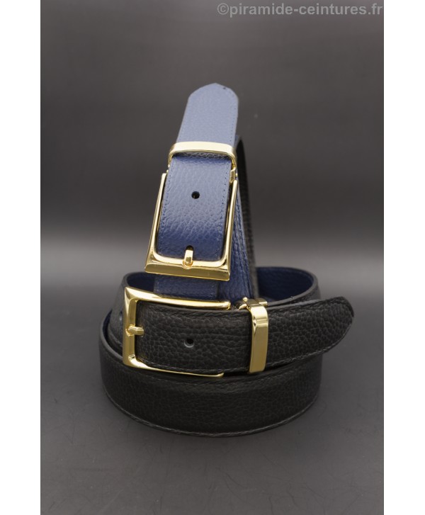 Reversible belt 30mm with golden rectangular buckle - Black and Blue