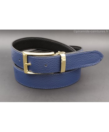 Reversible belt 30mm with golden rectangular buckle - Blue side