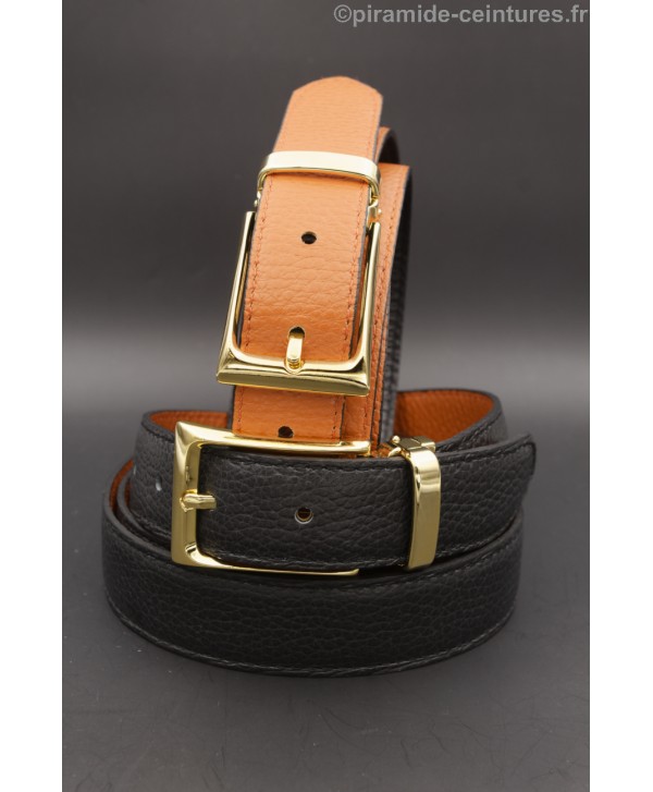Reversible belt 30mm with golden rectangular buckle - Black and Orange