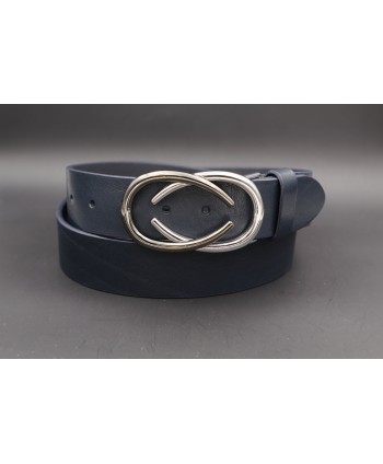 Ceinturon cuir boucle nickel deux demi ovales superposés - Bleu marine