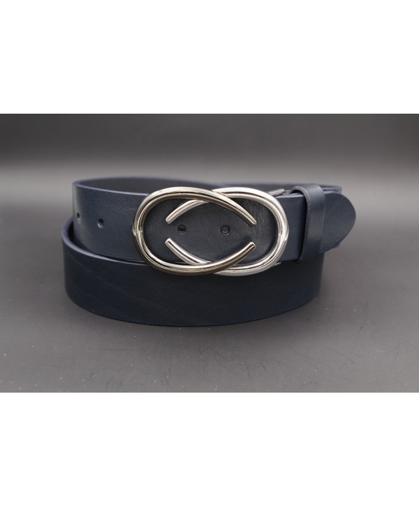 Ceinturon cuir boucle nickel deux demi ovales superposés - Bleu marine