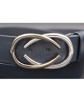 Ceinturon cuir boucle nickel deux demi ovales superposés - Bleu marine - Détail boucle