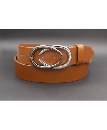 Ceinturon cuir boucle nickel deux demi ovales superposés - Cognac