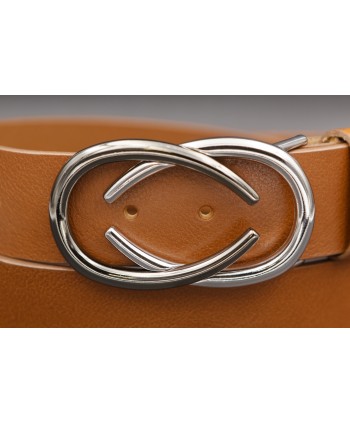 Ceinturon cuir boucle nickel deux demi ovales superposés - Cognac - Détail boucle