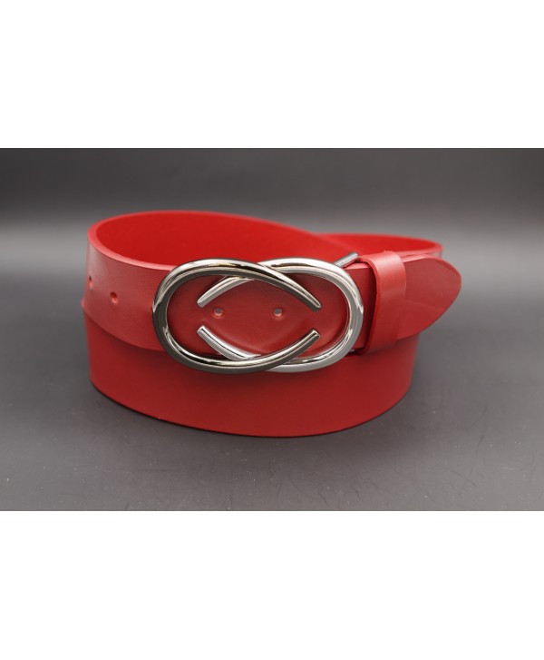Ceinturon cuir boucle nickel deux demi ovales superposés - Rouge