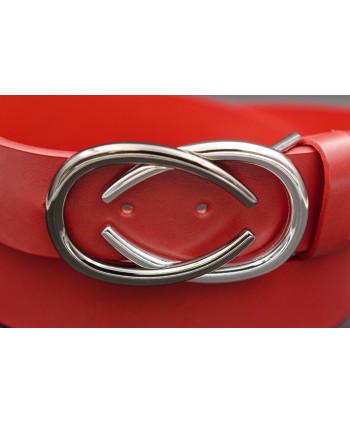 Ceinturon cuir boucle nickel deux demi ovales superposés - Rouge - Détail boucle