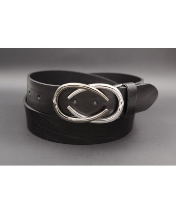 Ceinturon cuir boucle nickel deux demi ovales superposés - Noir
