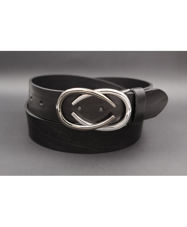 Ceinturon cuir boucle nickel deux demi ovales superposés - Noir