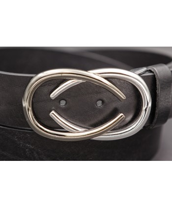 Ceinturon cuir boucle nickel deux demi ovales superposés - Noir - Détail boucle