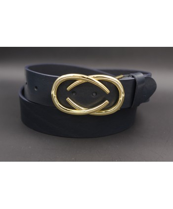Ceinturon cuir bleu marine boucle dorée deux demi ovales superposés