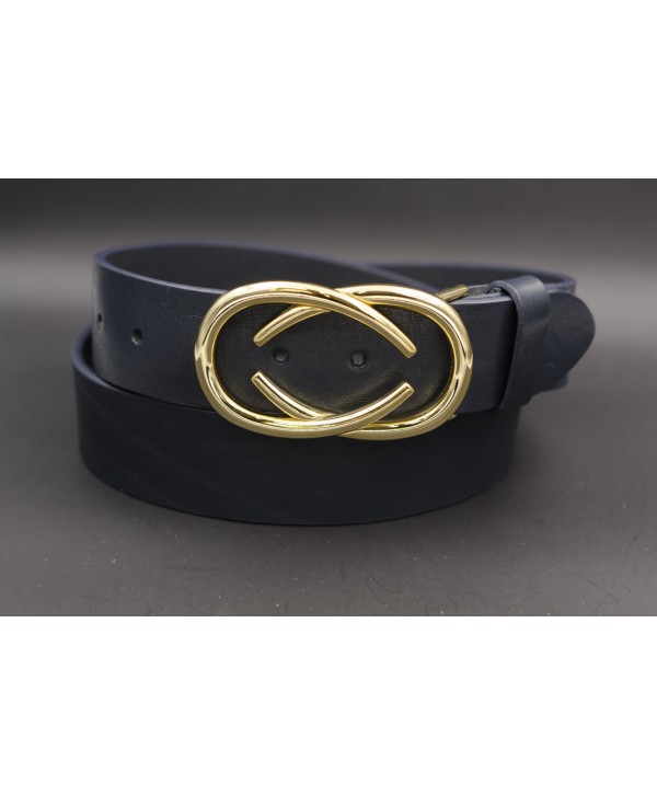 Ceinturon cuir bleu marine boucle dorée deux demi ovales superposés