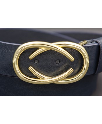 Ceinturon cuir bleu marine boucle dorée deux demi ovales superposés - détail boucle