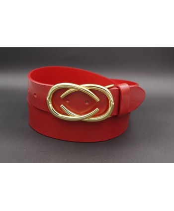 Ceinturon cuir rouge boucle dorée deux demi ovales superposés