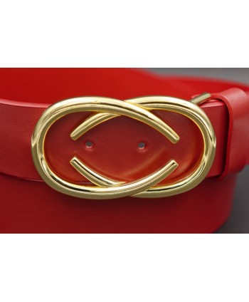 Ceinturon cuir rouge boucle dorée deux demi ovales superposés - détail boucle