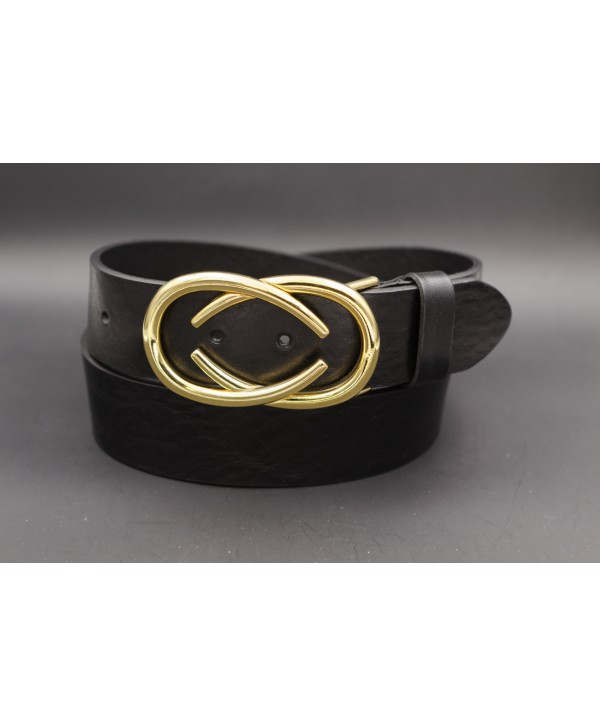 Ceinturon cuir noir boucle dorée deux demi ovales superposés