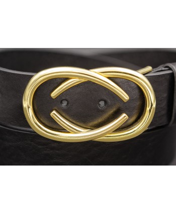 Ceinturon cuir noir boucle dorée deux demi ovales superposés - détail boucle