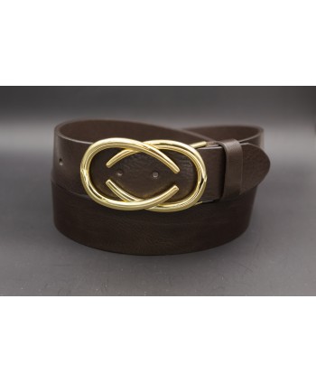Ceinturon cuir marron boucle dorée deux demi ovales superposés