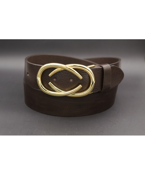 Ceinturon cuir marron boucle dorée deux demi ovales superposés
