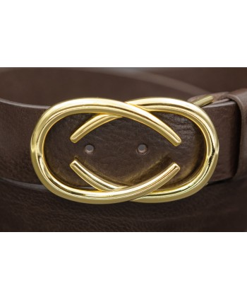 Ceinturon cuir marron boucle dorée deux demi ovales superposés - détail boucle