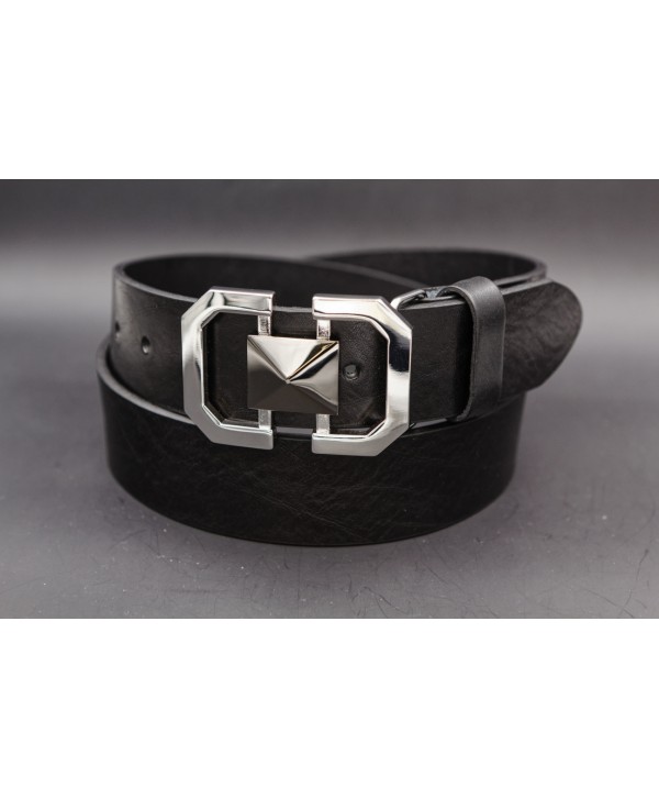 Ceinturon cuir noir boucle nickel et pyramide canon de fusil
