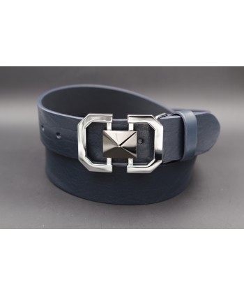 Ceinturon cuir bleu marine boucle nickel et pyramide canon de fusil