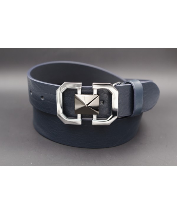 Ceinturon cuir bleu marine boucle nickel et pyramide canon de fusil