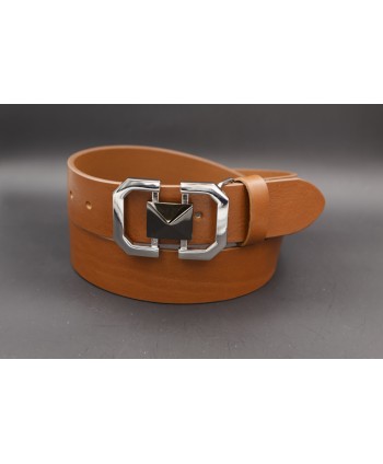 Ceinturon cuir cognac boucle nickel et pyramide canon de fusil