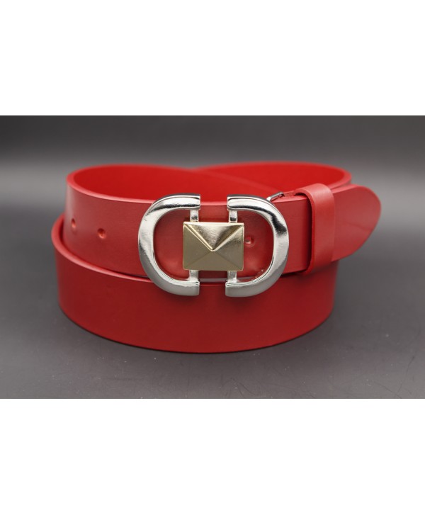 Ceinturon en cuir véritable - Boucle Métallique Élégante - Rouge