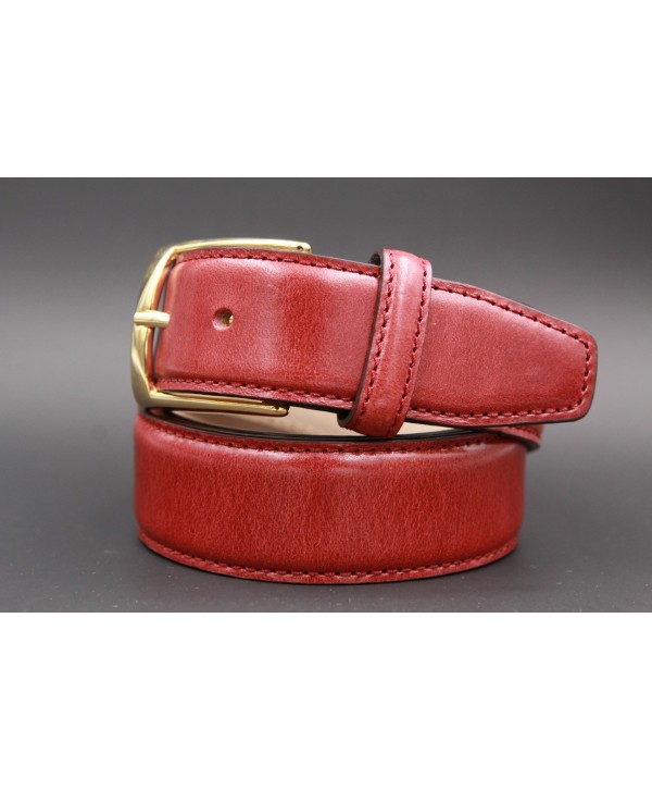 Burgundy smooth leather belt big size - golden buckle