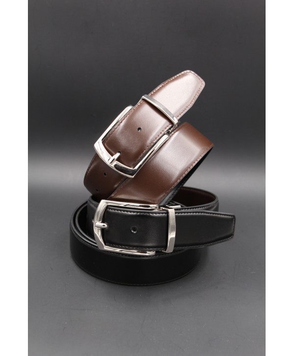 Black - brown reversible belt 35mm - pin buckle shiny nickel