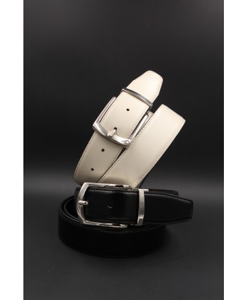 Black - beige reversible belt 35mm - pin buckle shiny nickel