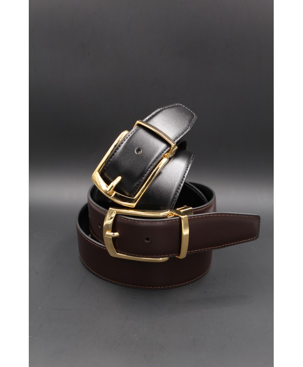 Black - brown Reversible belt 35mm - shiny golden pin buckle