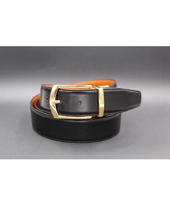 Black - cognac Reversible belt 35mm - shiny golden pin buckle - black side