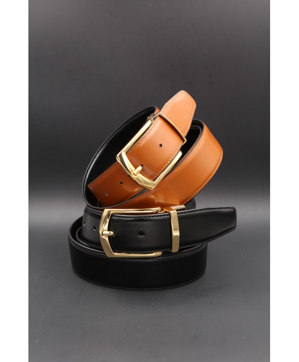 Black - cognac Reversible belt 35mm - shiny golden pin buckle