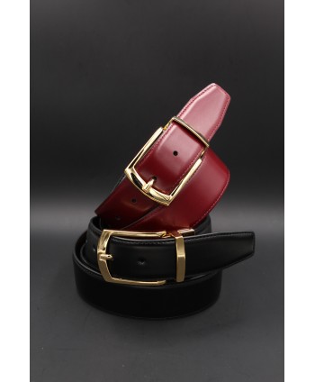 Black - burgundy Reversible belt 35mm - shiny golden pin buckle