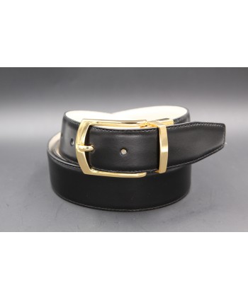 Black - beige Reversible belt 35mm - shiny golden pin buckle - black side