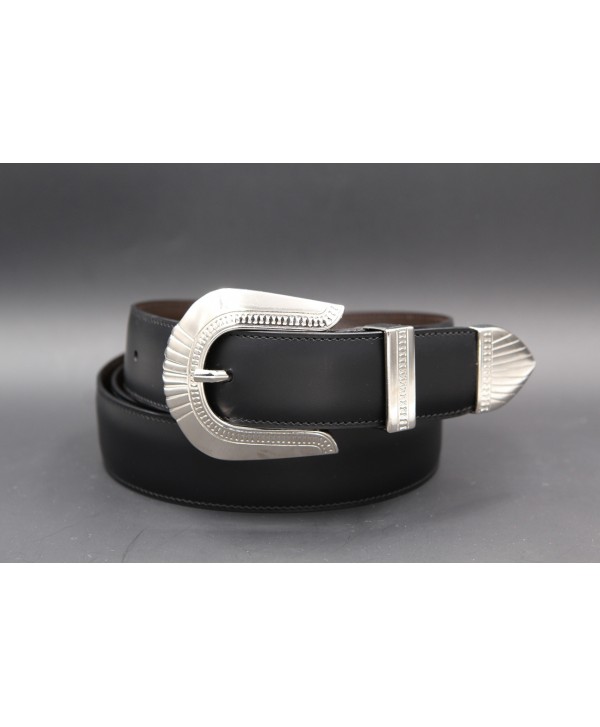 Black cowhide leather belt with engraved metal tip