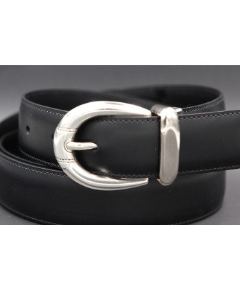 Black or brown cowhide leather belt with smooth metal tip - buckle detail