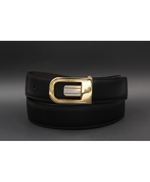Reversible belt in black and brown leather, gold and nickel case - black side