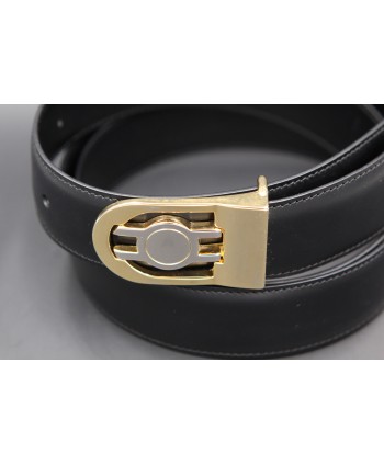Reversible belt in black and brown leather, gold and nickel case - black side - detail