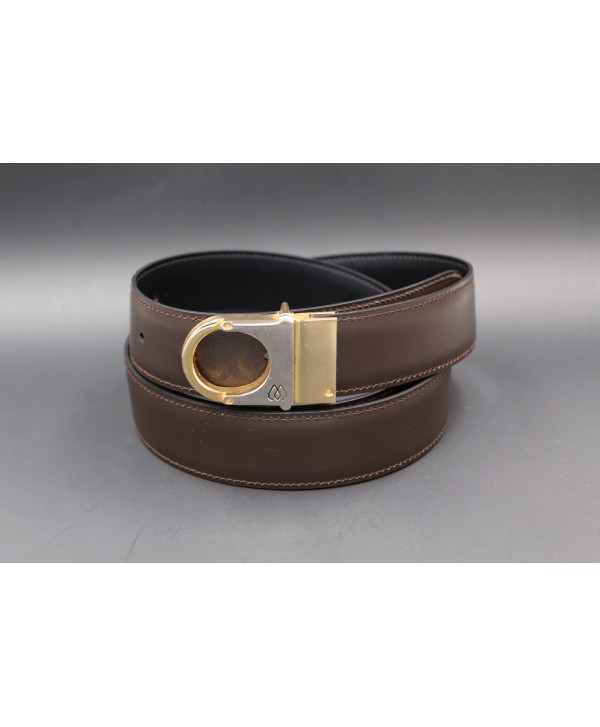 Reversible belt in black and brown leather, gold and nickel case - brown side