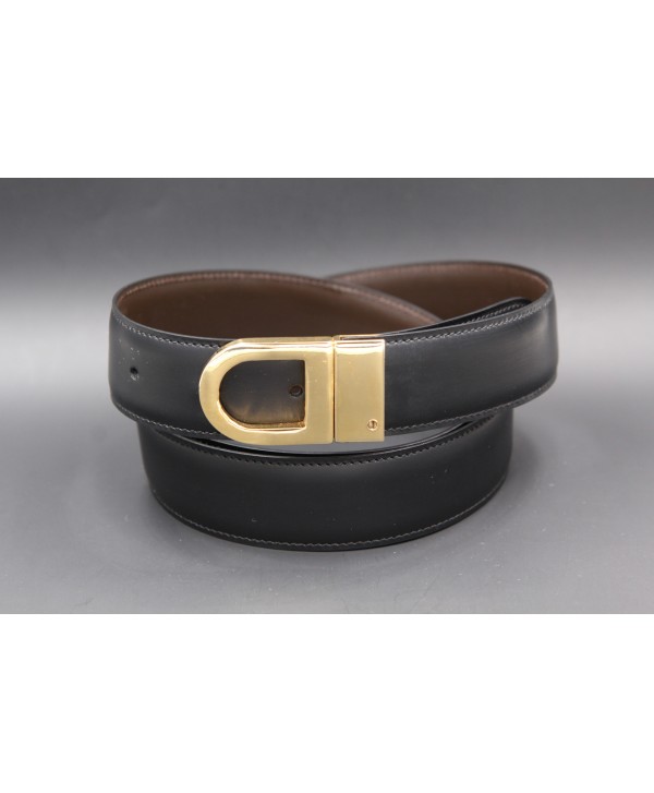 Reversible belt in black and brown leather with golden case