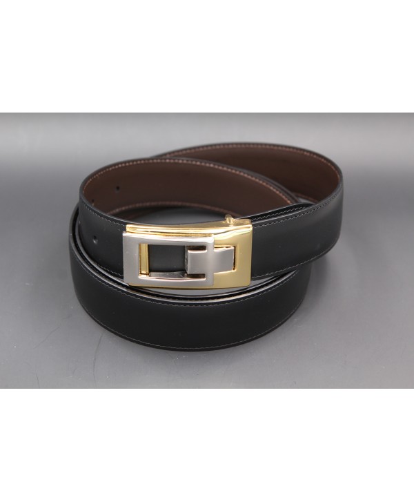 Reversible belt in black and brown leather, gold and nickel case - black side