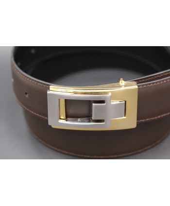 Reversible belt in black and brown leather, gold and nickel case - brown side - detail