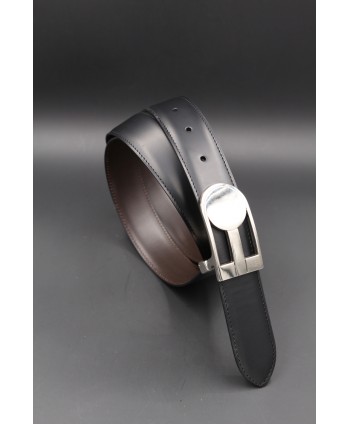 Reversible black brown leather belt, nickel case - black side