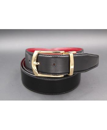 Black - burgundy Reversible belt 35mm - shiny golden pin buckle - black side